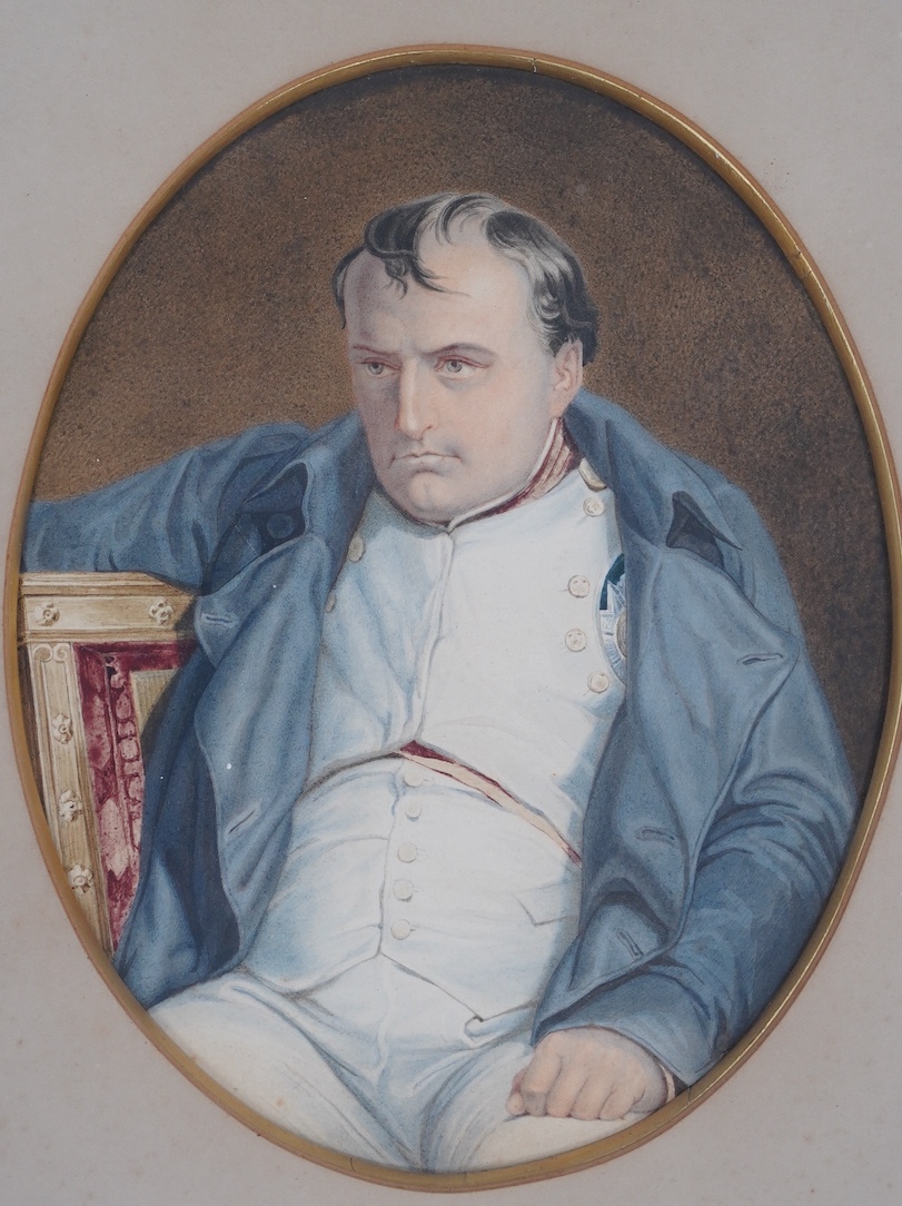 19th century English School, pair of oval watercolours, Portraits of Duke of Wellington and Napoleon Bonaparte, 21 x 16.5cm, gilt framed. Condition - fair, some discolouration and spots of foxing